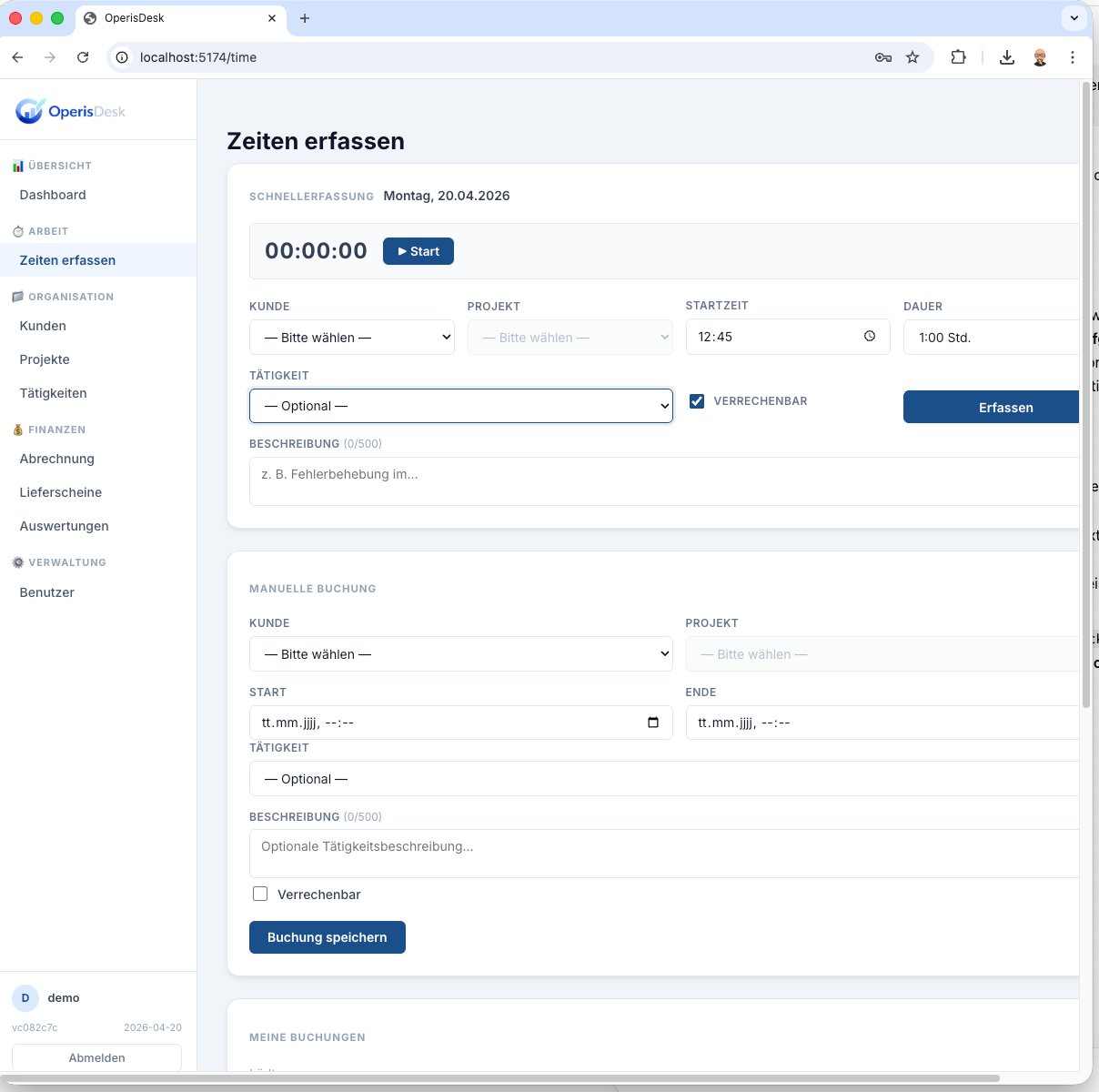 Zeiten erfassen in OperisDesk