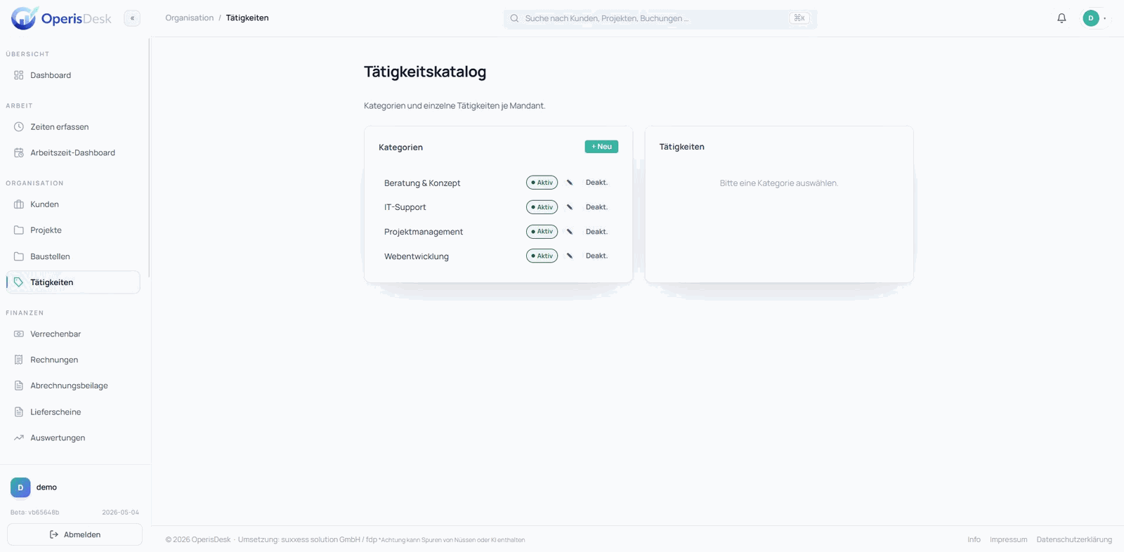 Tätigkeitskatalog mit Kategorien und Aktivitäten